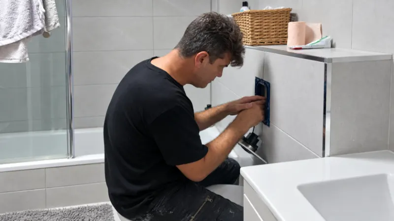 יאיר עובד על מנגנון ניאגרה סמויה דרך פתח השירות, לוח הלחצנים מפורק
